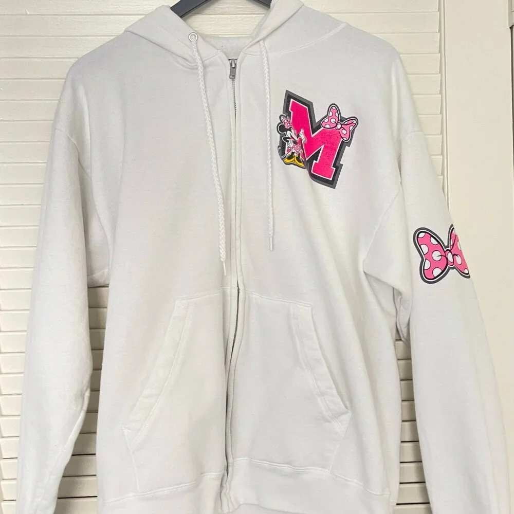 Disney Parks Minnie Mouse Varsity White Zip Hoodie - Picture 2 of 7